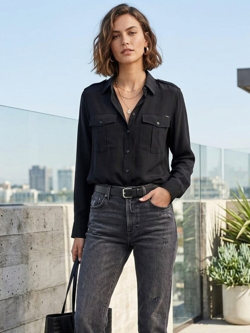 MOTHER The Cadet 100% Silk Satin Button Down Shirt Black LOVER Graphic S/M